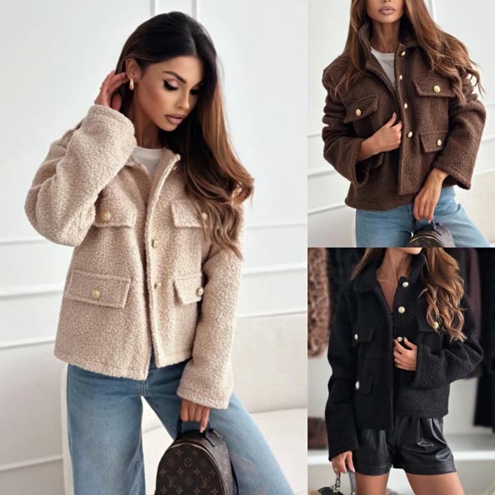 Damen Fluffige Fleecejacke mit dekorativen Taschen und goldenen Knöpfen Drune