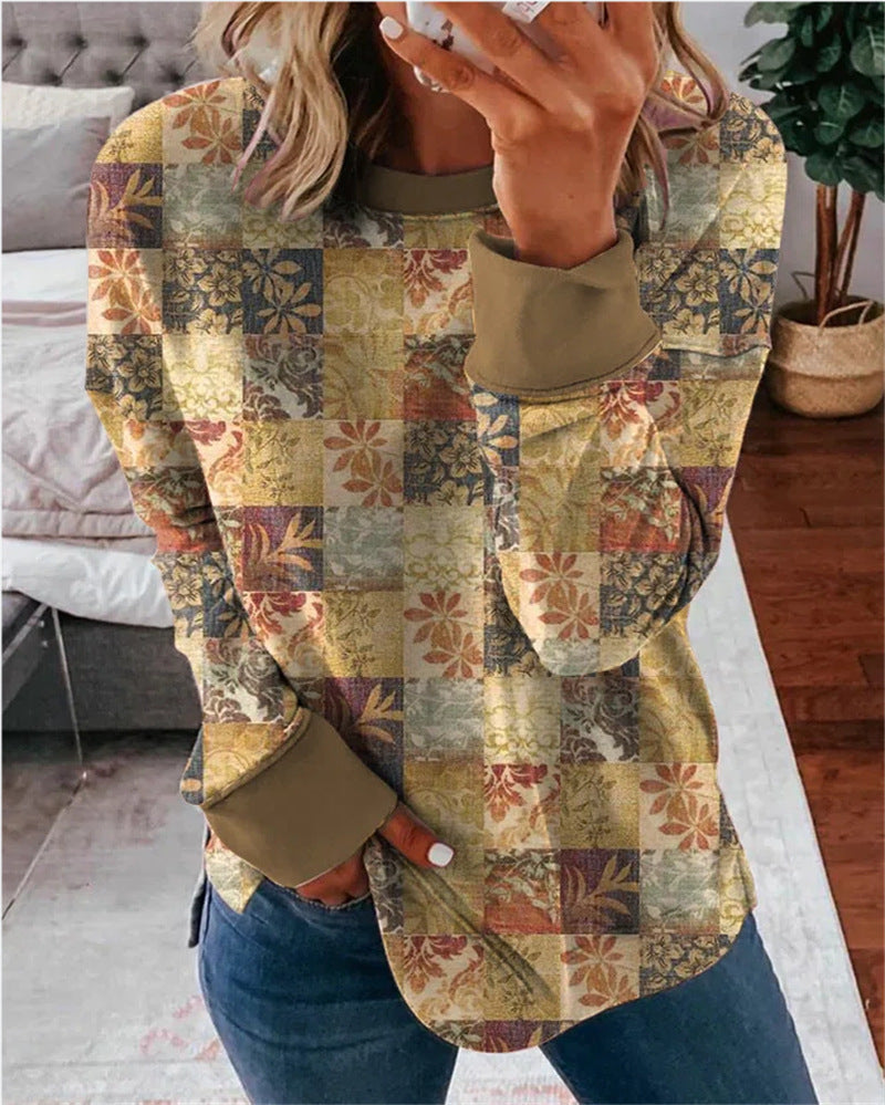 Damen Langarmshirt im Patchwork-Quilt-Design mit weichem Rundhalsausschnitt und kontrastierenden Bündchen Drune