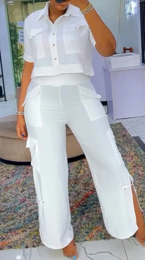 Damen nan zweiteiliges Hemd- und Cargo-Hosen-Set mit kurzem Oversize-Hemd, hoher Taille, weitem Bein und seitlichen Beinschlitzen Drune