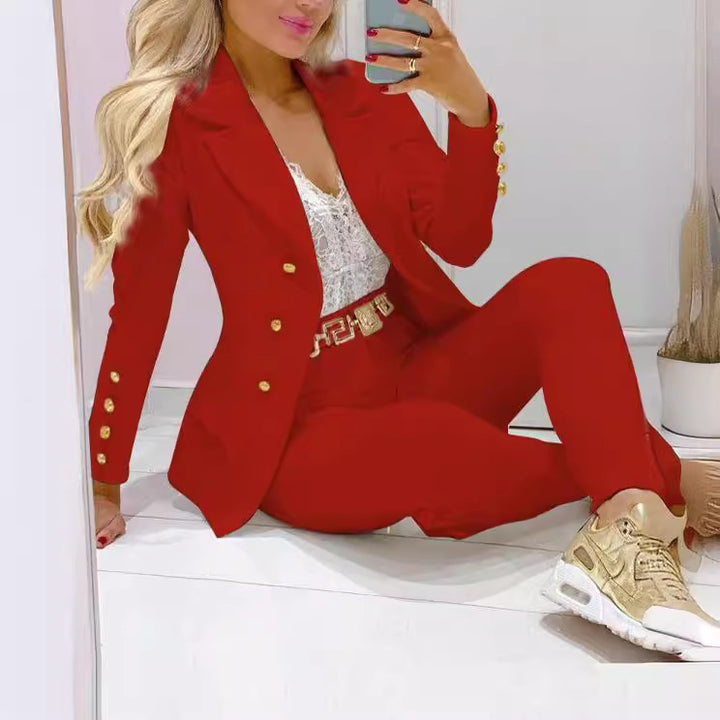 Damen nan tailliertes Doppelreiher-Blazer-Set mit goldknopf-Detail und hochtaillierter Slimhose Drune