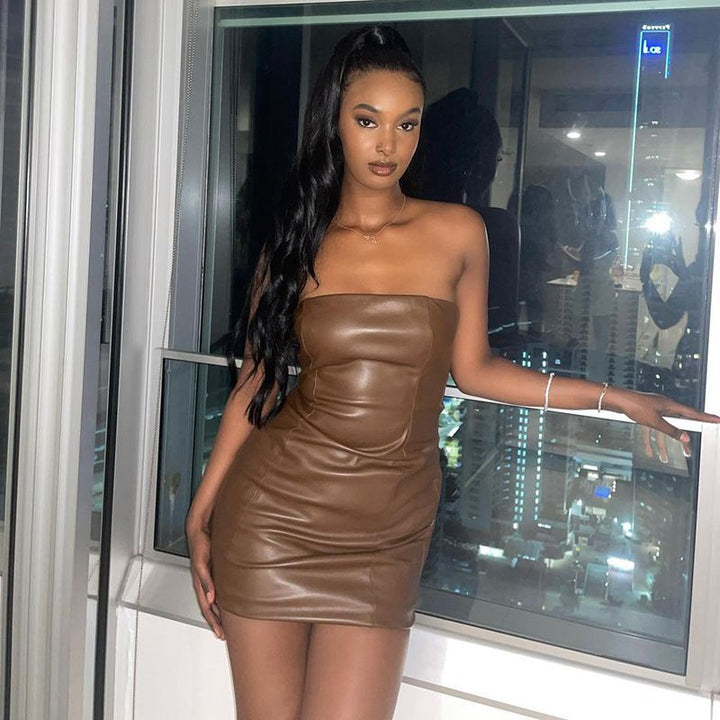 Damen Kunstleder Minikleid im figurbetonten Schnitt mit schulterfreiem Design Drune