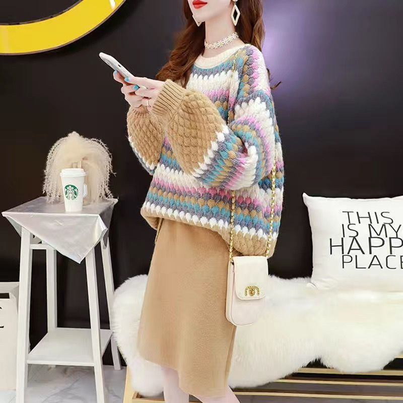 Damen gemütlicher Strickpullover mit buntem Blockmuster und voluminösen Ärmeln Drune
