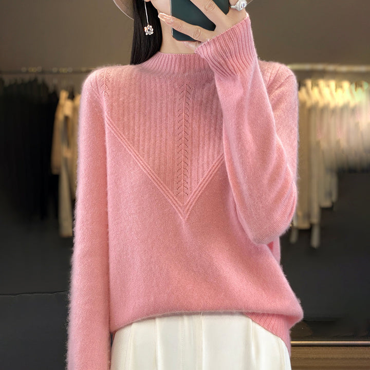 Damen Lockerer Mohair‑Blend Pullover mit strukturierter V‑Paneel und Stehkragen Drune