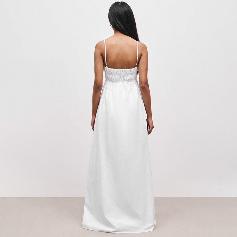 Damen luftiges Maxi-Kleid mit elastischem Oberteil und praktischen Taschen Drune