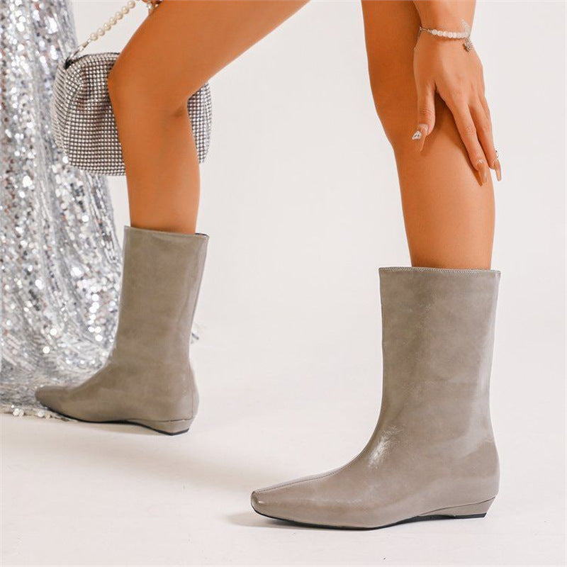 Damen Midi‑Stiefeletten mit spitzer Zehenform, Veloursleder‑Optik und schlankem Keilabsatz Drune