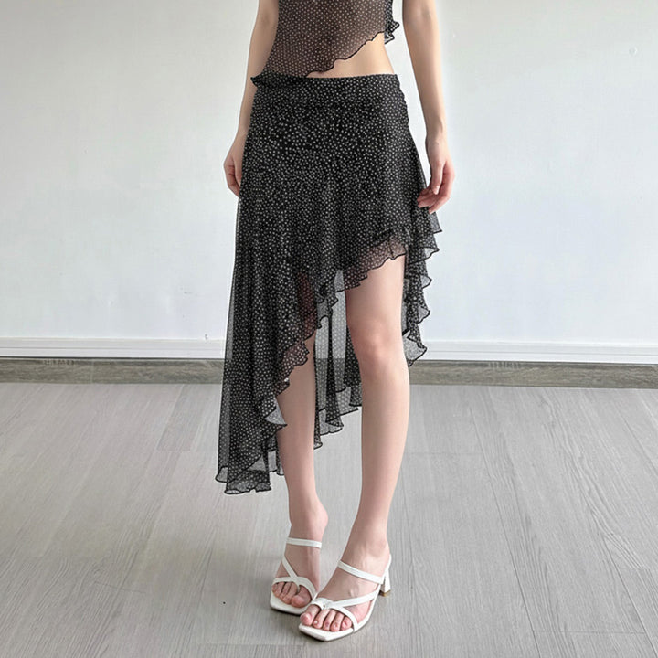 Damen asymmetrischer Rüschenrock mit transparenten Akzenten Drune