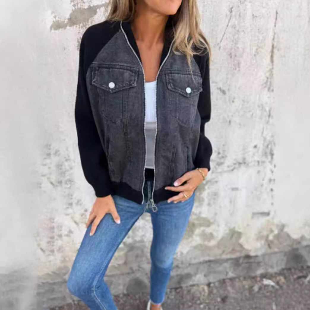 Damen nan Sweat-Jeans-Bomberjacke mit Raglanärmeln Brustklappen und Reißverschluss Drune