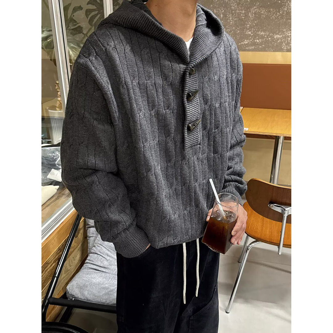 Herren Grobstrickpullover mit Kapuze und Knopfverschluss Drune