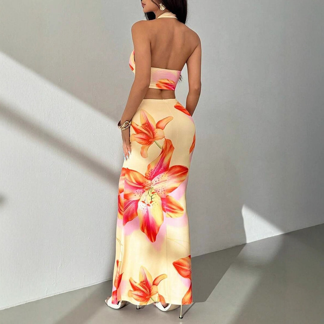Damen Zweiteiliges Sommeroutfit mit floralem Design und elegantem V-Ausschnitt Drune
