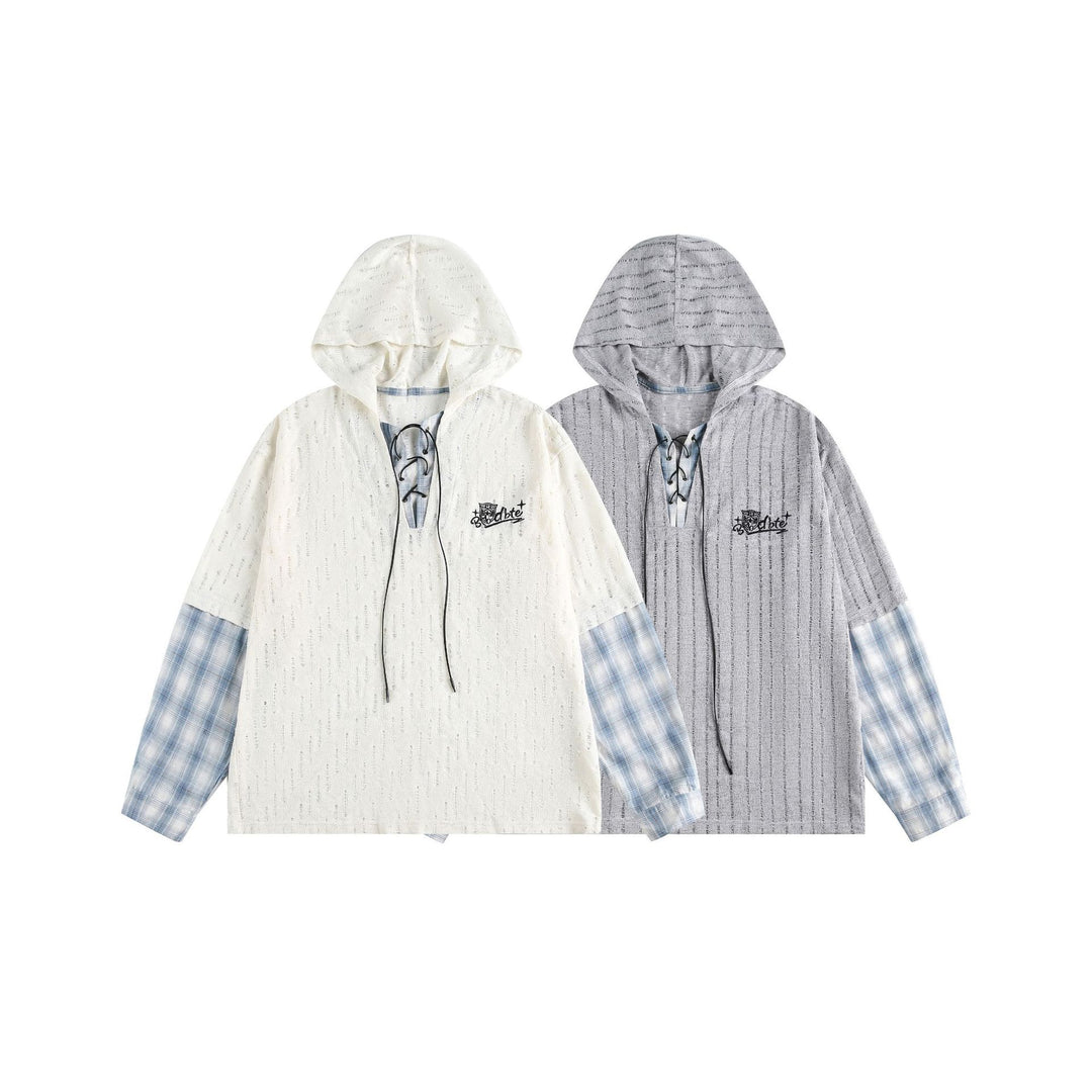 Unisex Lässiger Kapuzenpullover im Layering-Look mit Schnür‑V‑Ausschnitt Drune