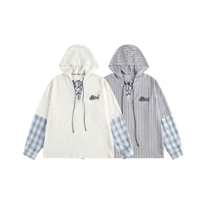 Unisex Lässiger Kapuzenpullover im Layering-Look mit Schnür‑V‑Ausschnitt Drune