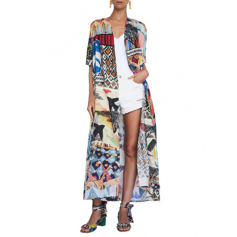 Damen Kimono-Überwurf mit buntem Patchwork-Design und leichtem Stoff Drune