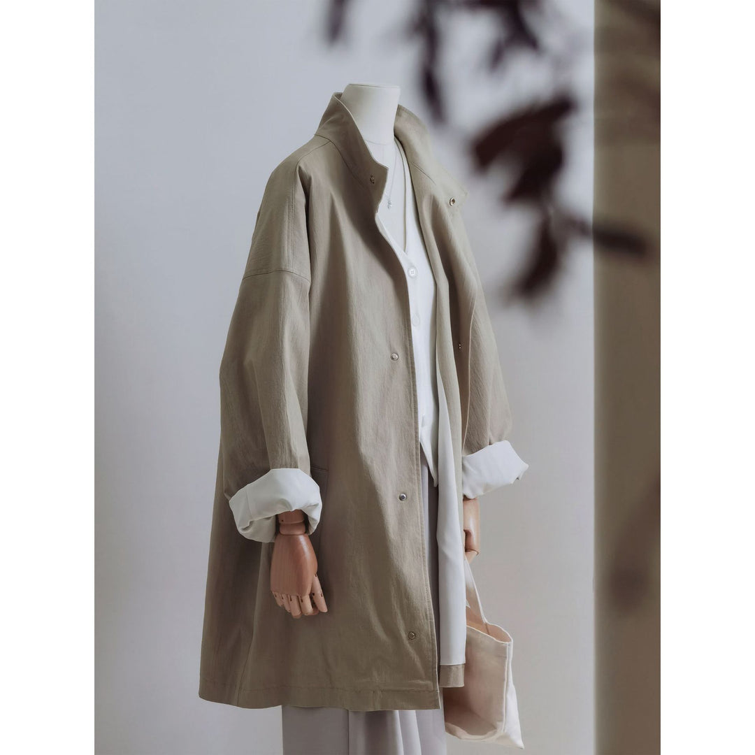 Damen leichter Oversize-Mantel mit Stehkragen und Druckknopfverschluss Drune