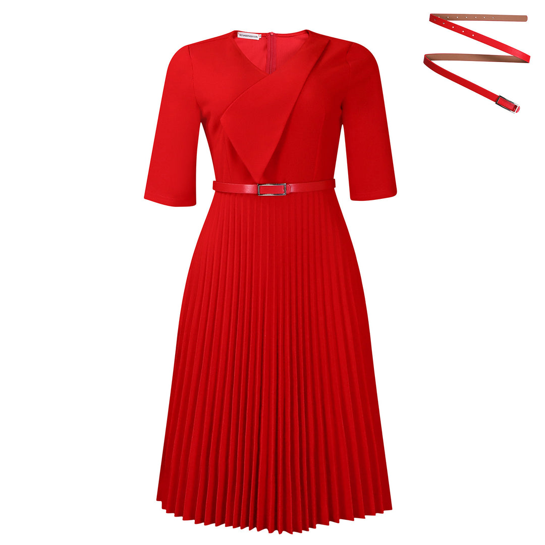 Damen Plissee Kleid mit elegantem V-Ausschnitt und abnehmbarem Taillengürtel Drune