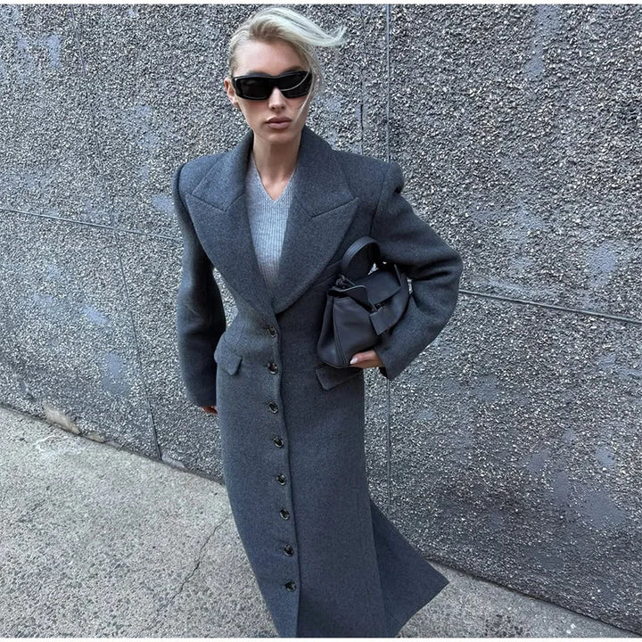 Damen Eleganter Wollmantel mit tailliertem Schnitt und langen Ärmeln Drune