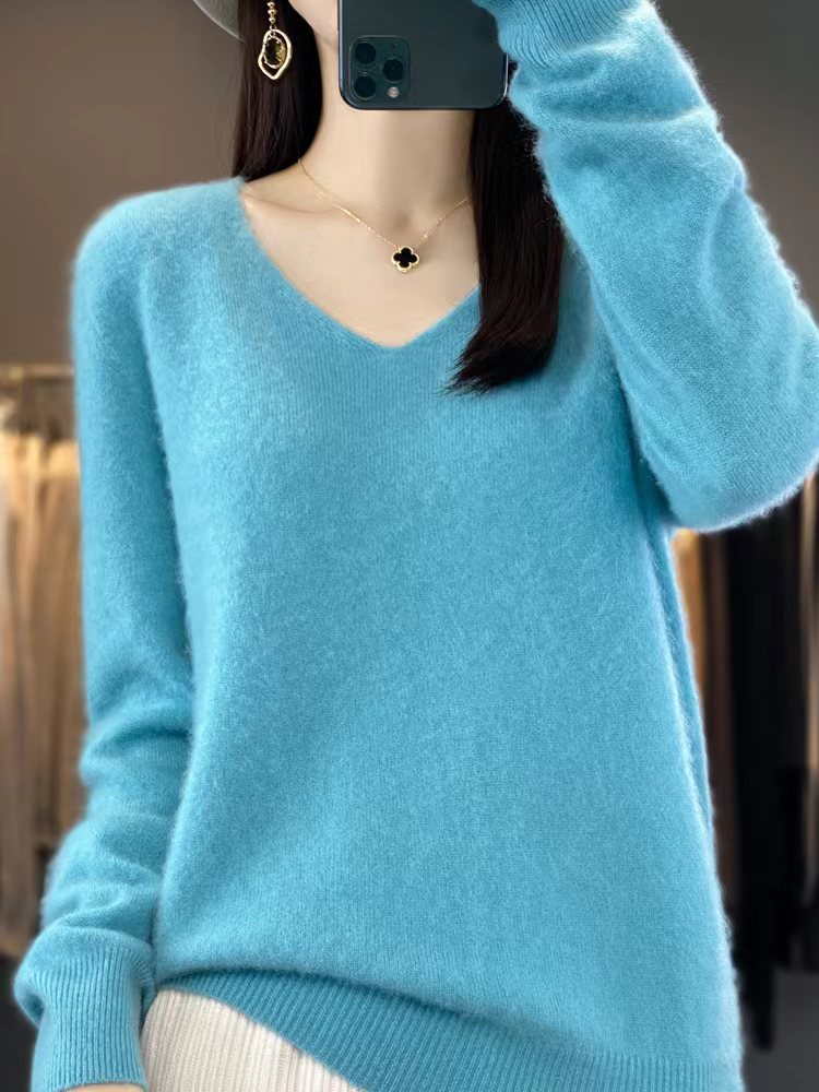 Damen Kuscheliger V‑Ausschnitt Feinstrickpullover aus Mohair‑Mix mit flauschiger Oberfläche Drune