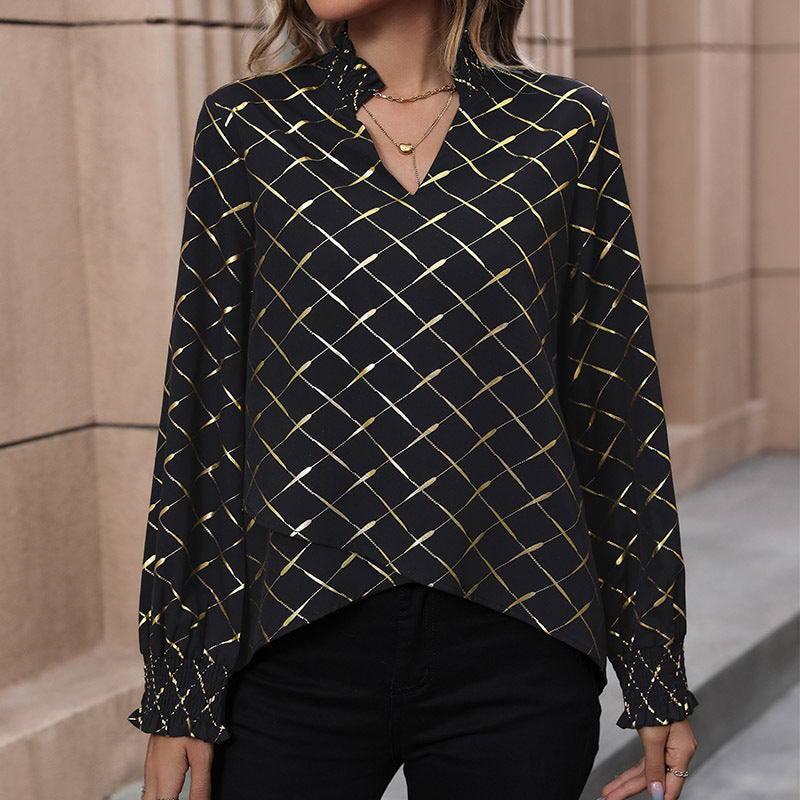 Damen Elegante Bluse mit geometrischem Muster und Rüschen Drune
