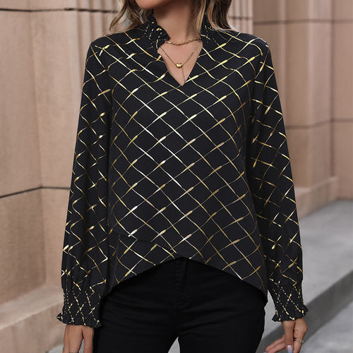 Damen Elegante Bluse mit geometrischem Muster und Rüschen Drune