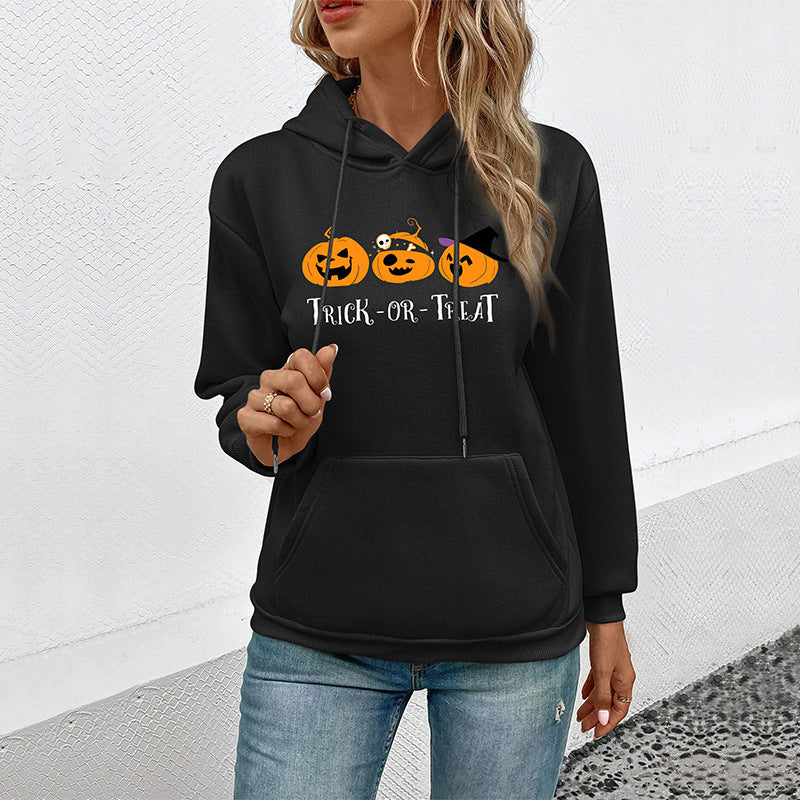 Damen Hoodie mit Halloween-Kürbisprint, Kapuze und Kängurutasche Drune