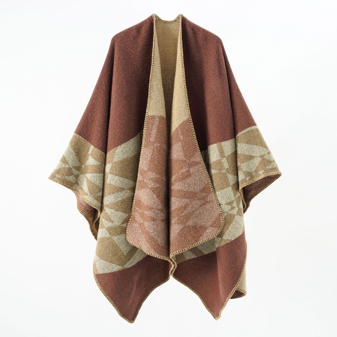 Damen Großer Strickponcho im Cape‑Schnitt mit Ziernaht und geometrischem Intarsia Drune