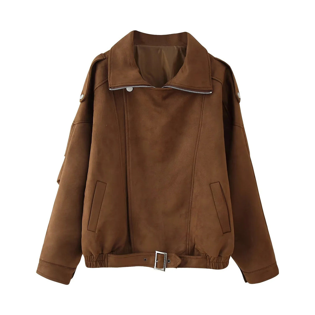 Damen Oversized Wildlederjacke mit raffiniertem Gürtel und großen Taschen Drune