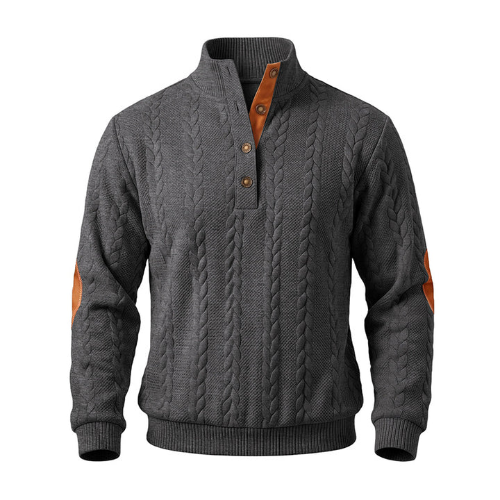 Herren Troyer-Pullover mit Zopfmuster, Ellbogen‑Patches und kontrastierter Knopfleiste Drune