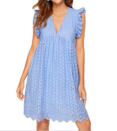 Damen nan Broderie-Anglaise Minikleid mit V-Ausschnitt Volantärmeln und Eingrifftaschen Drune