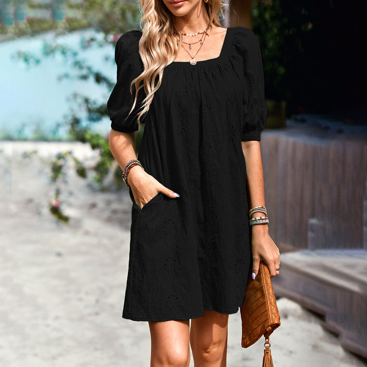 Damen Sommerliches Minikleid mit durchbrochenem Design und lässigen Puffärmel Drune