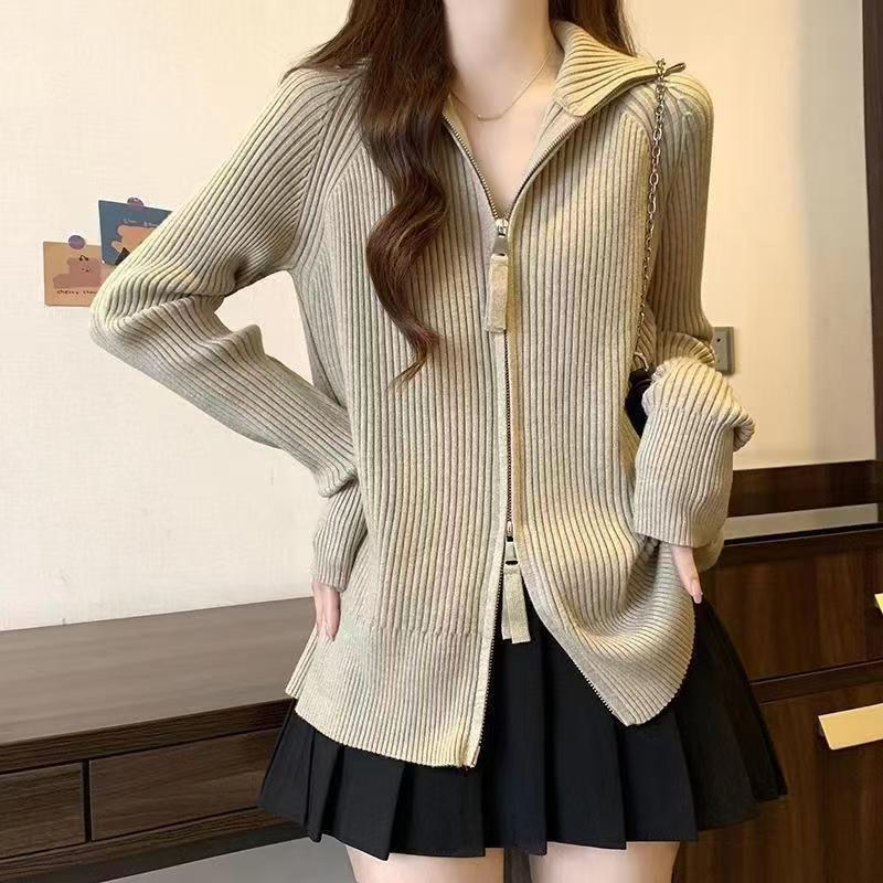 Damen modische Strickjacke mit durchgehendem Reißverschluss Drune