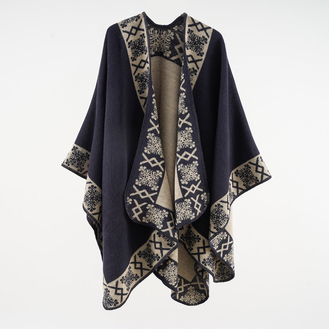 Damen Oversize-Umhangponcho aus Wollmix mit gewebter Bordüren-Jacquard und Zierkettelnaht Drune