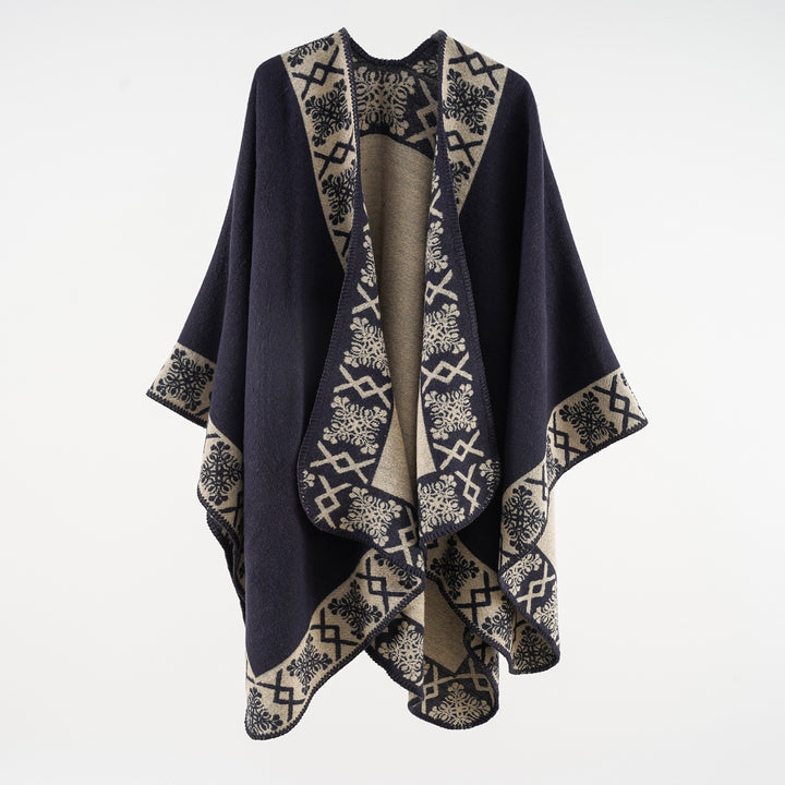 Damen Oversize-Umhangponcho aus Wollmix mit gewebter Bordüren-Jacquard und Zierkettelnaht Drune