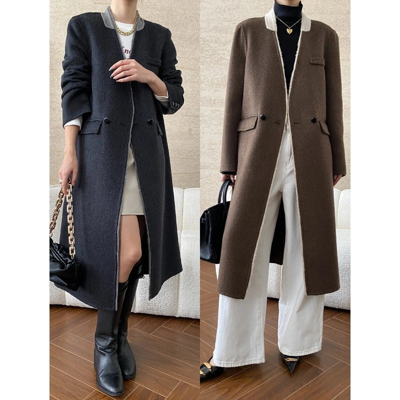 Damen eleganter Übergangsmantel mit doppelter Knopfblende und hohem Kragen Drune