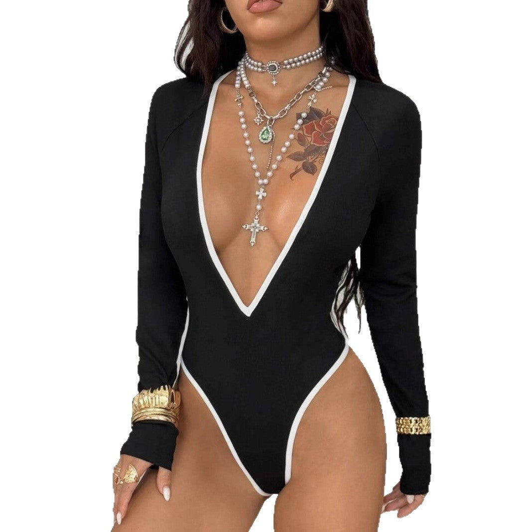Damen Body mit tiefem V-Ausschnitt und eleganten Kontrastdetails Drune