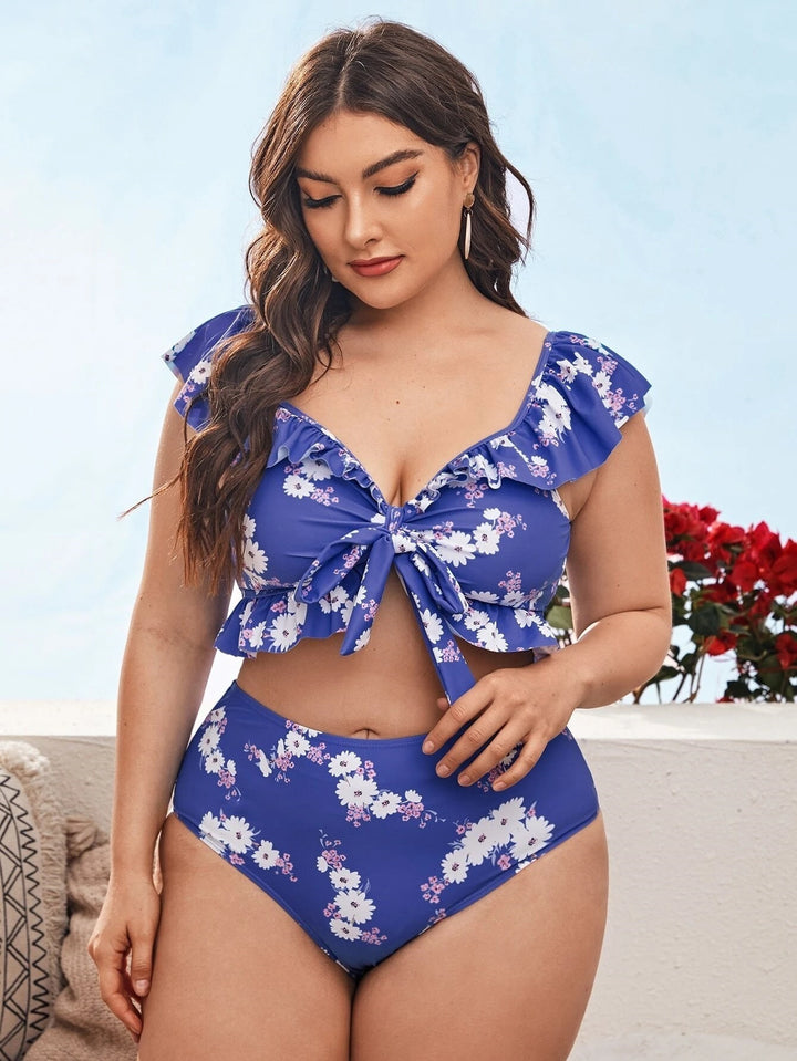 Damen Bikini-Set mit floralem Wickeloberteil und hohen Taillenhosen Drune