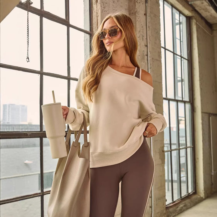 Damen lässiger Off-Shoulder Pullover mit breiten Ärmeln und modischen Akzenten Drune