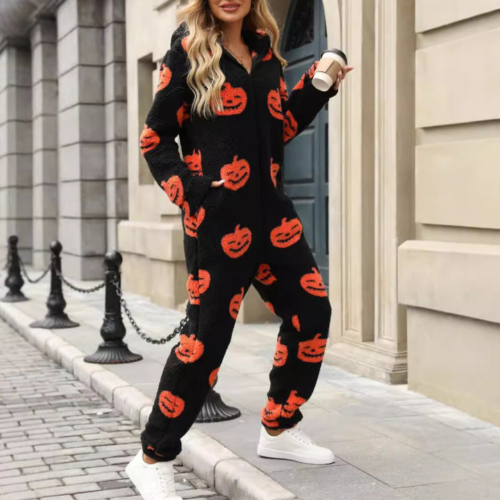 Damen Gemütlicher Halloween-Jumpsuit mit Kapuze und kuscheligem Fleece Drune