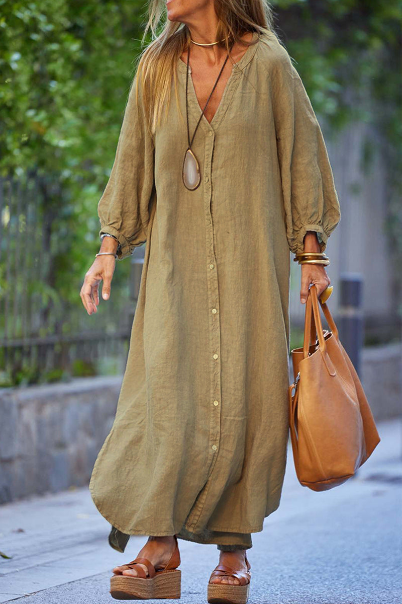 Damen lässiges Langarmkleid mit Knopfleiste und Ballonärmeln Drune
