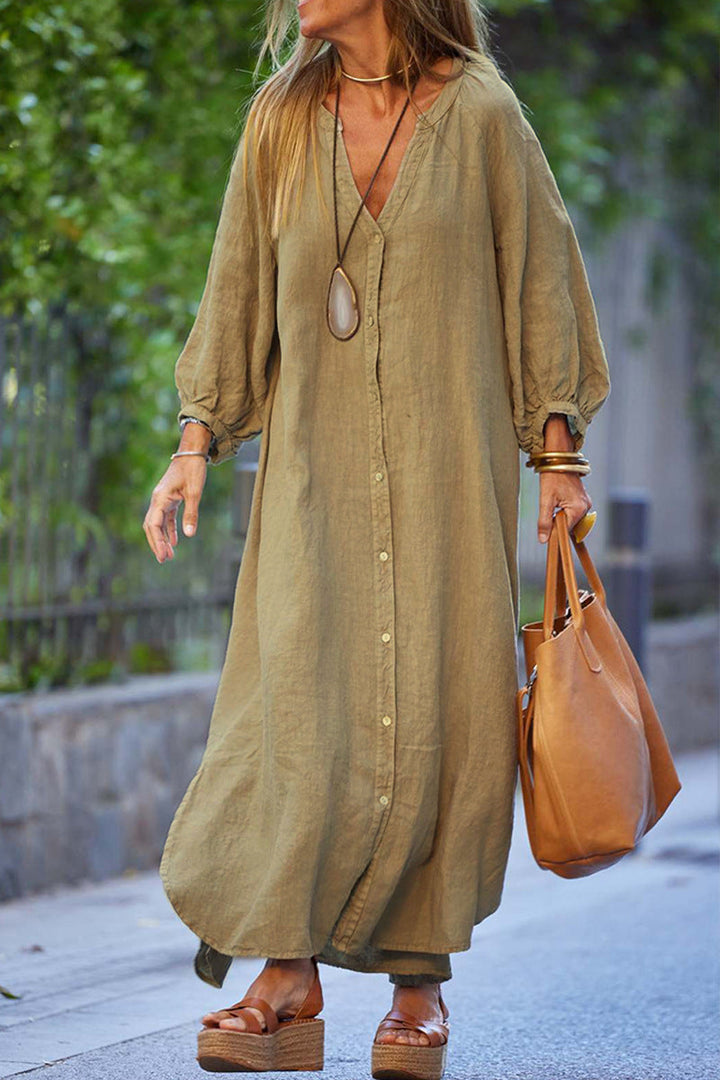 Damen lässiges Langarmkleid mit Knopfleiste und Ballonärmeln Drune