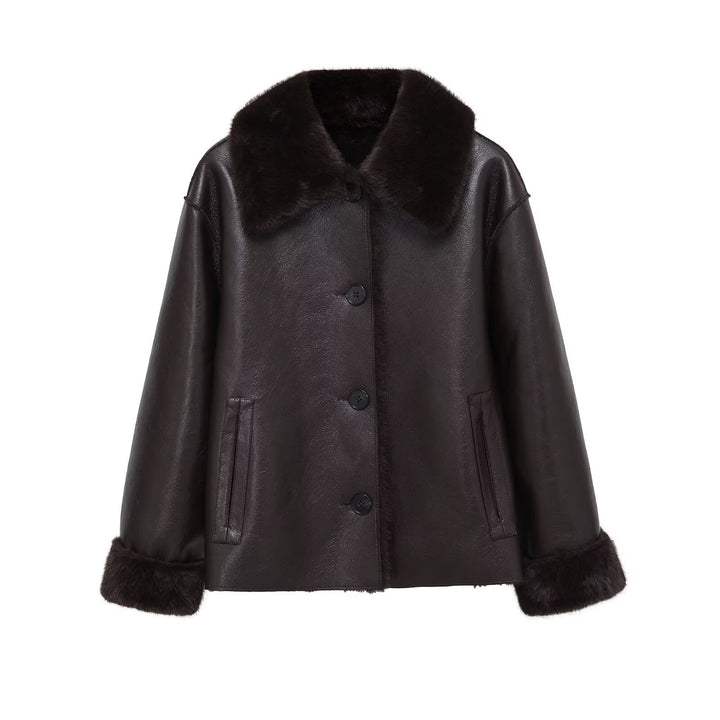 Damen Kastige Fauxleder-Jacke mit Kunstfellkragen, Lammfellimitat‑Futter und Knopfverschluss Drune