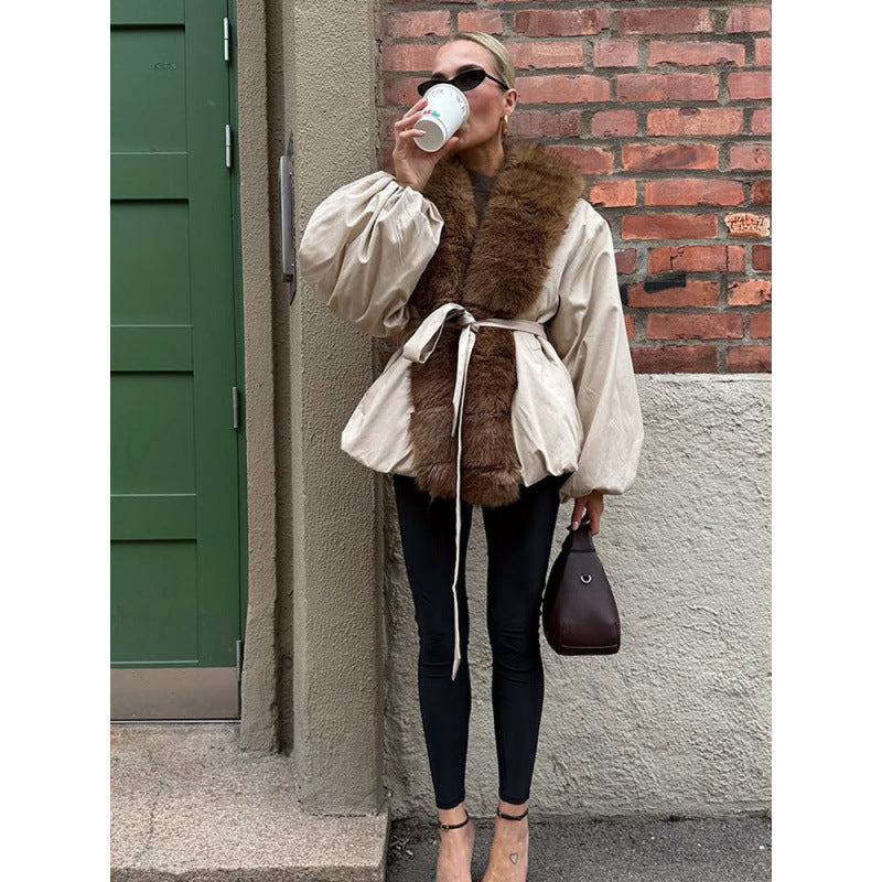 Damen Kurze Taillierte Jacke mit Fellkragen und Ballonärmeln Drune