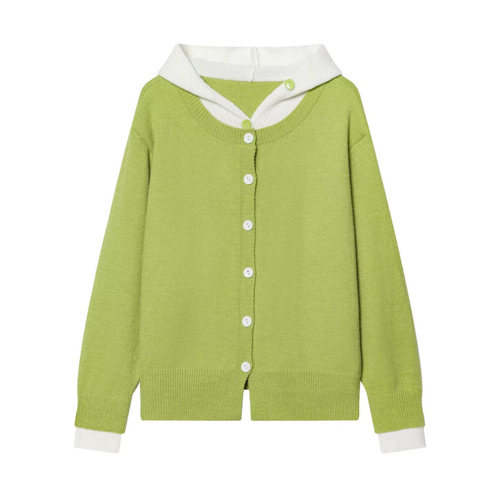 Damen Feinstrick-Cardigan mit Kapuze, Kontrastfutter und Knopfleiste Drune