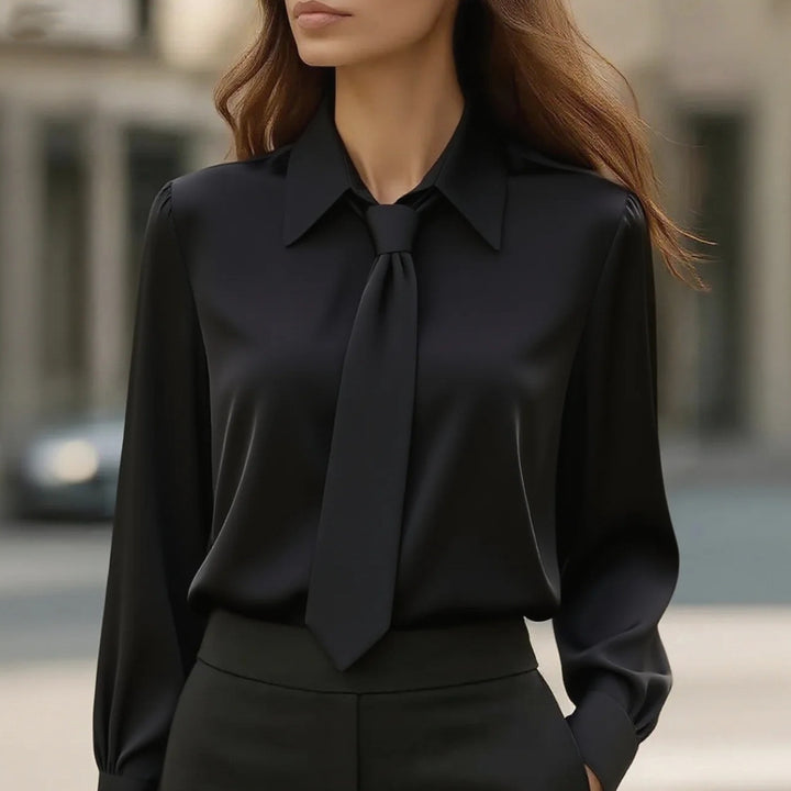 Damen Seidige Business Bluse mit Hemdkragen und integrierter Schleife Drune