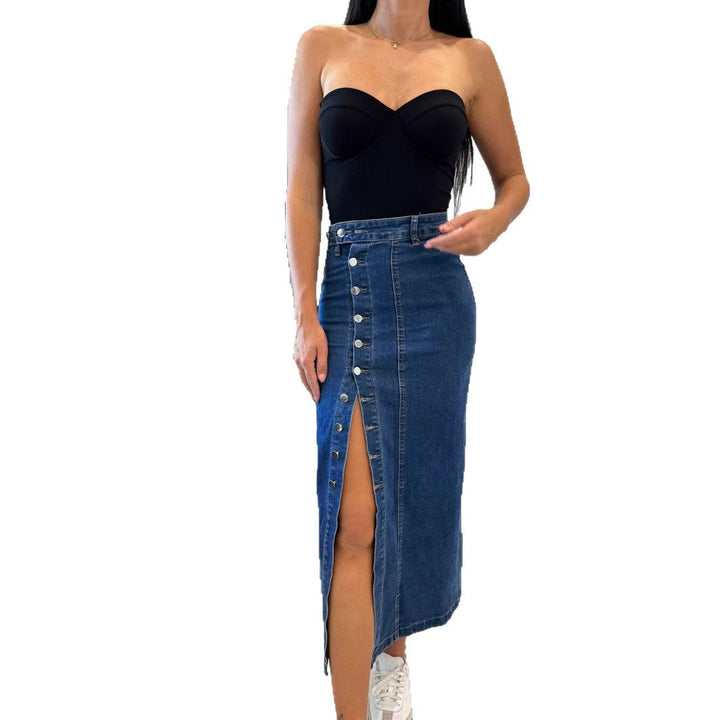 Damen Baumwoll-Denimrock mit Knopfleiste und Schlitz Drune