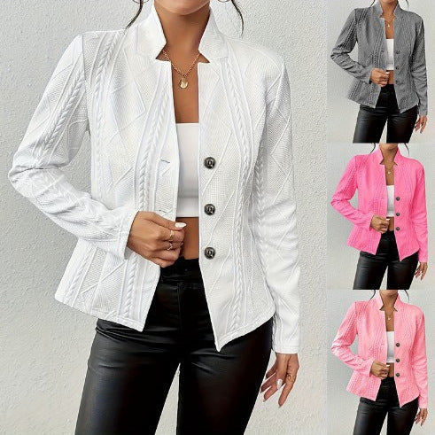 Damen nan taillierter Struktur-Blazer mit Stehkragen, Zopfmuster und dekorativen Knöpfen Drune