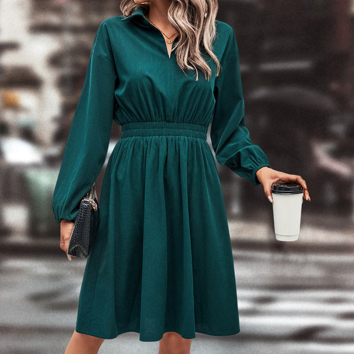 Damen elegantes Midi-Kleid mit Taillengummi und Puffärmeln Drune