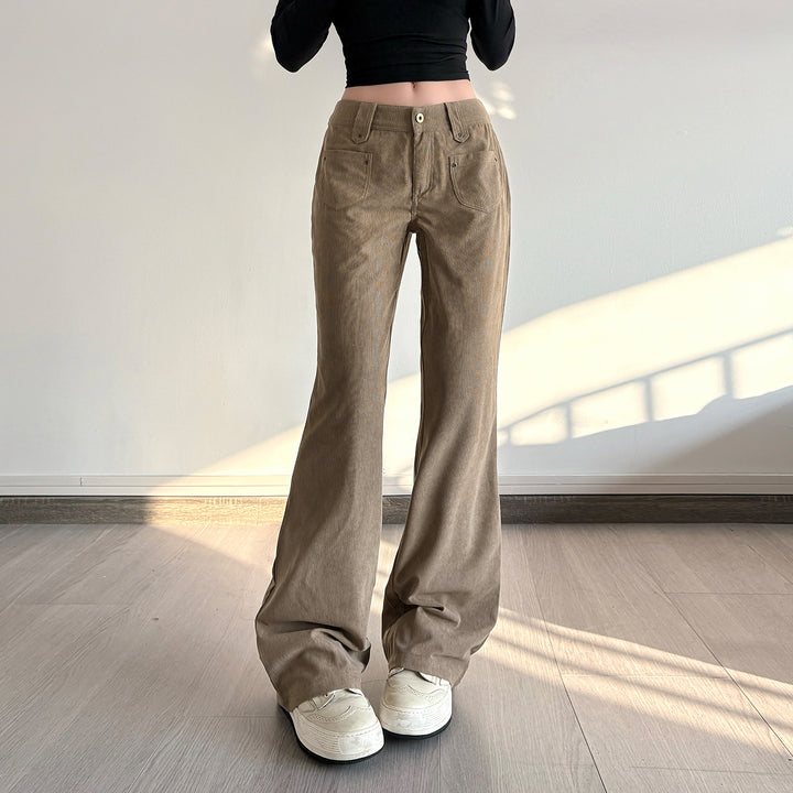 Damen Cordhose mit hoher Taille, weitem Schlagbein und aufgesetzten Fronttaschen Drune