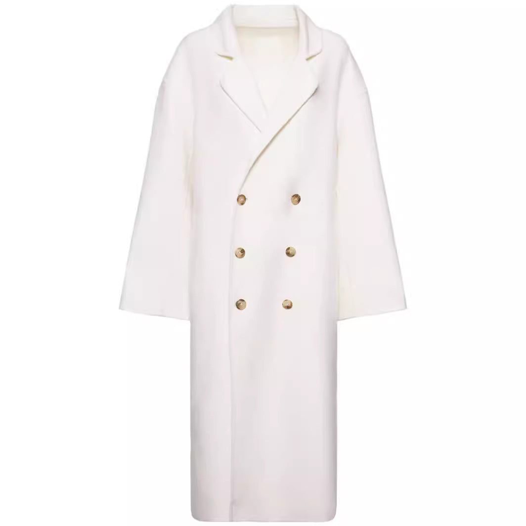 Damen Oversize Zweireihiger Longcoat mit fallender Schultersilhouette und goldenen Zierknöpfen Drune