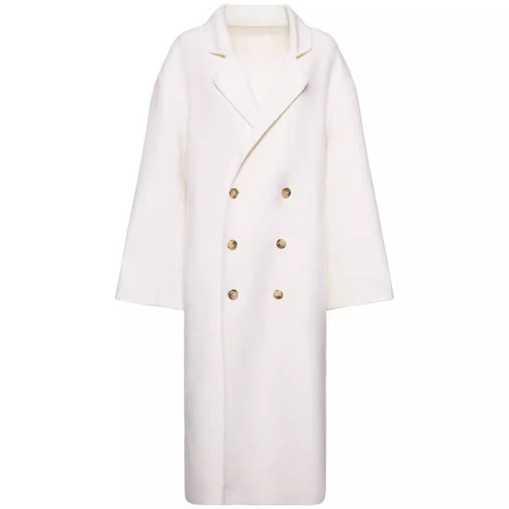 Damen Oversize Zweireihiger Longcoat mit fallender Schultersilhouette und goldenen Zierknöpfen Drune