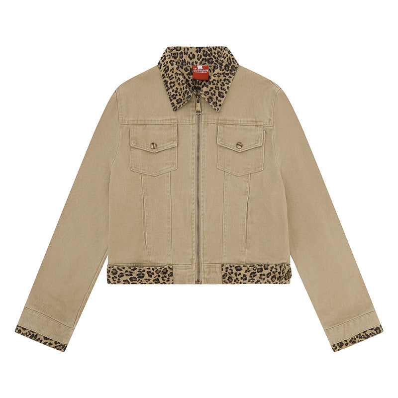 Damen Kurz geschnittene Denim-Truckerjacke mit Leoparden-Kontrastkragen und Umschlagbündchen Drune