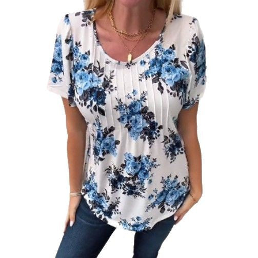 Damen nan Kurzarmbluse mit Kellerfalten, Rundhalsausschnitt und floralem Allover-Print Drune